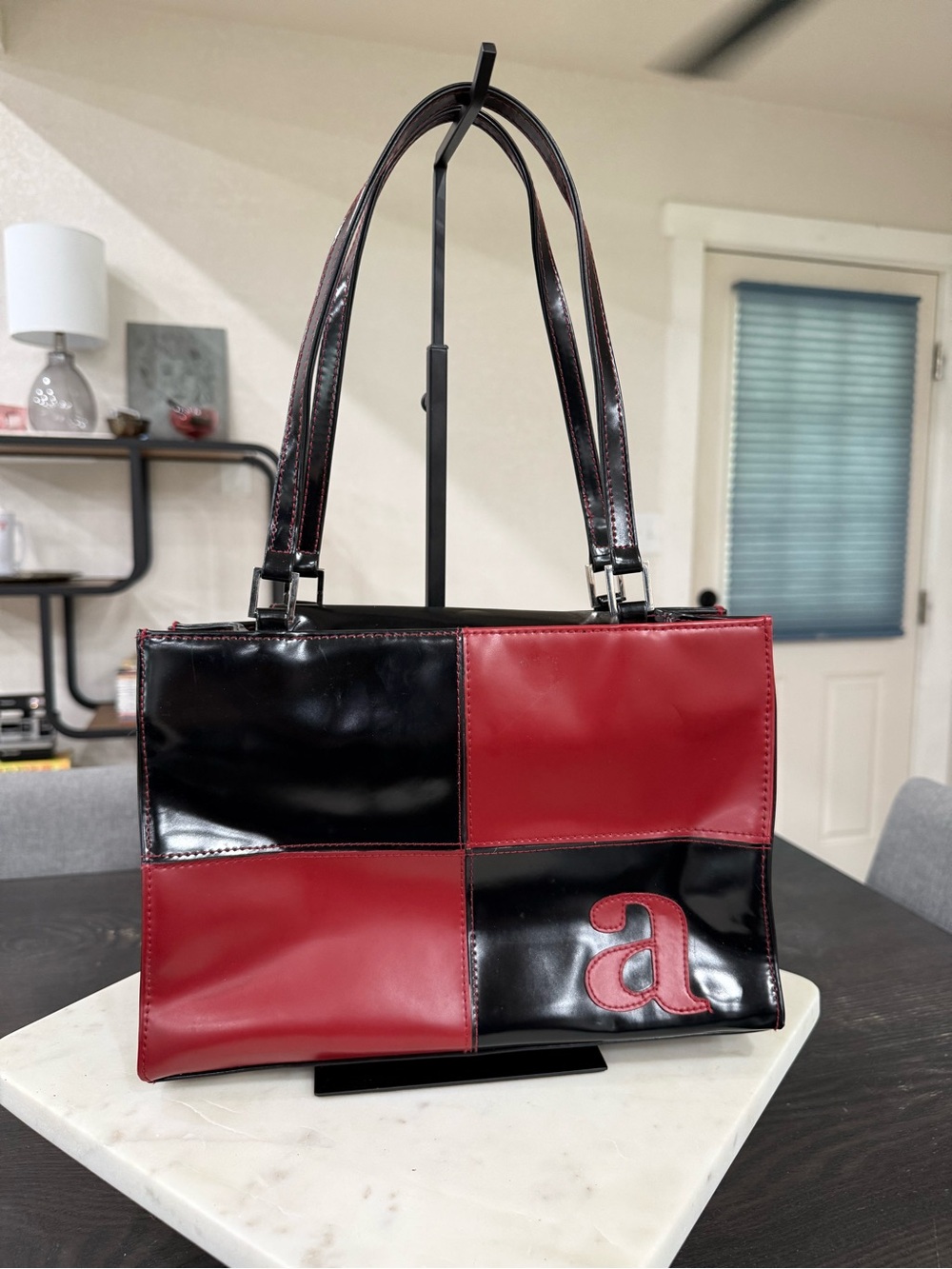 Red and Black Patchwork Tote Bag with 'a' Accent